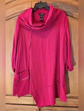 Ali Miles Women Magenta Cowl Neck Top Tunic Crinkle Asymmetric Hem Lagenlook LG